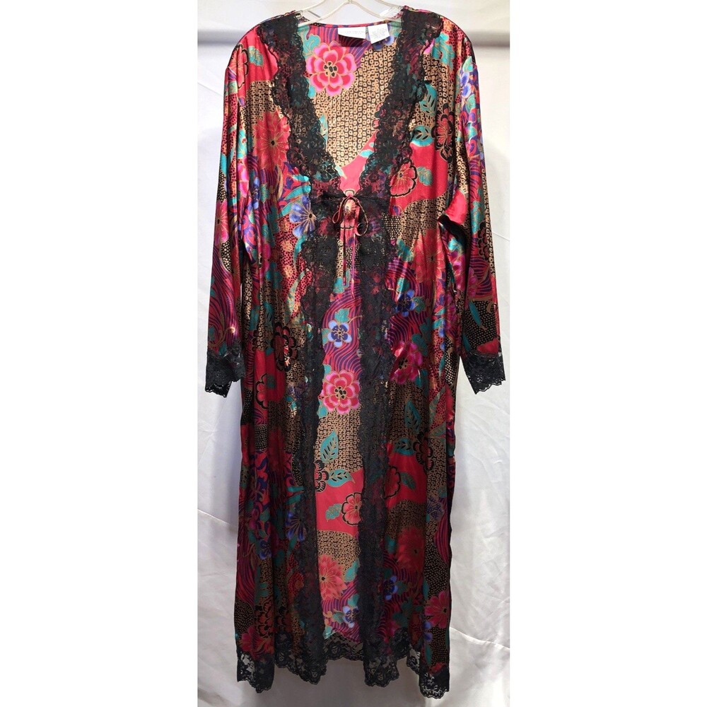 Jaclyn Smith Satin Kimono Maxi Robe 1X Red Blk Lace Floral Silky Tie Front
